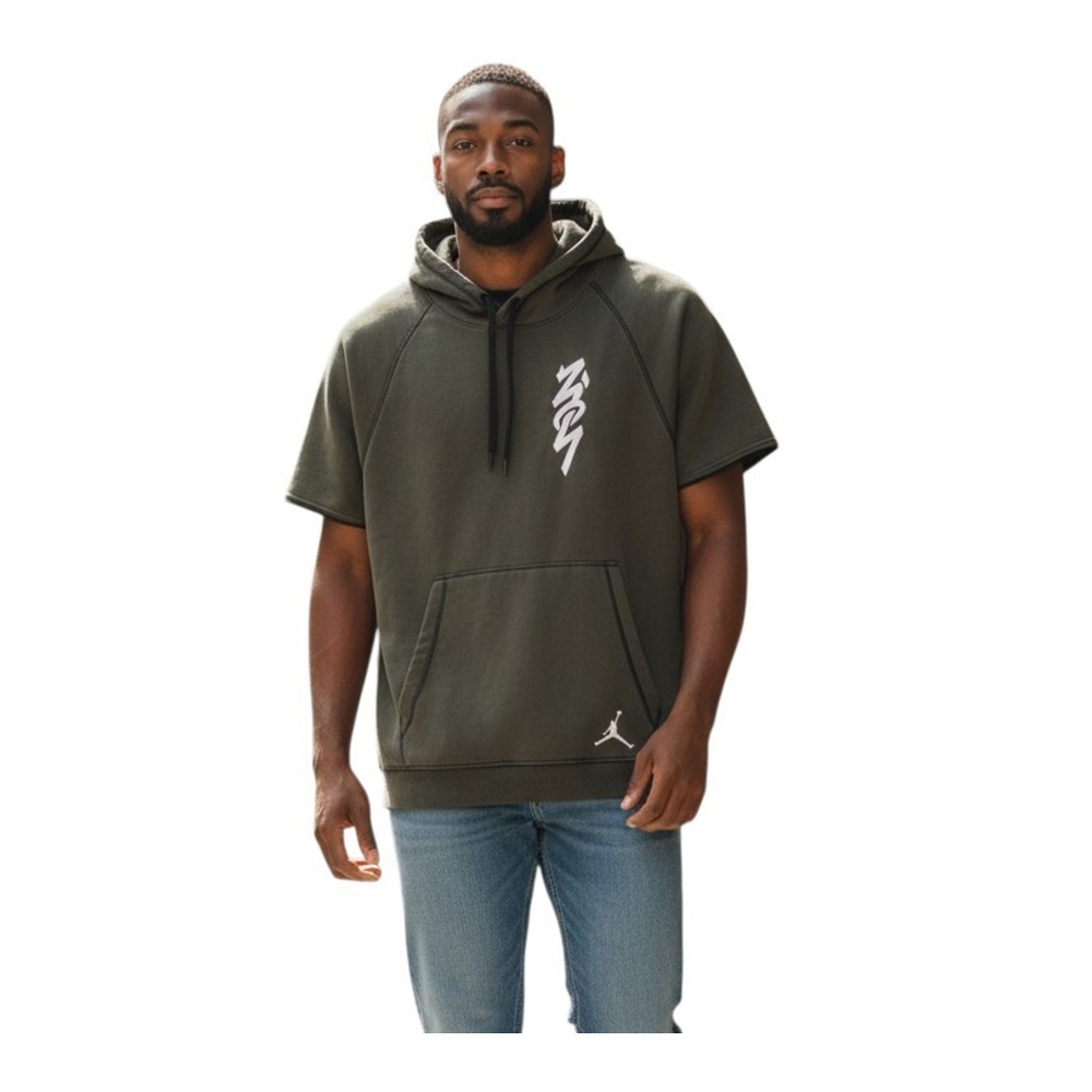 Nike Air Jordan Zion Short-Sleeve Hoodie Dri-FIT Olive Men Sweatshirt Size Large